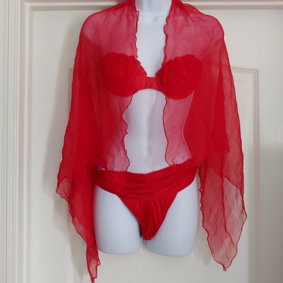 MCM 100% Ultra Sheer Chiffon Red Scarf Made in France / 2piece sold separately - Picture 6 of 7